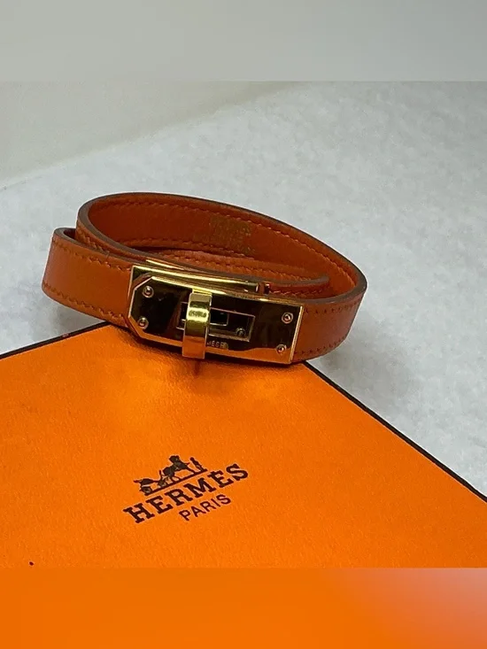 Hermes Kelly Double Tour Leather Bracelet Orange Gold Leather Bracelet - Picture 6 of 13